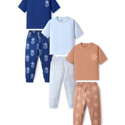 Primo Gino 100% Cotton Knit Drop Shoulder Sleeves Pineapple & Sun Printed Night Suits Pack of 3 - Blue Tan & White-image-29
