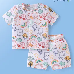 Babyoye Cotton Knit Half Sleeves Shorts Night Suit With Vehicle & Animal Print - White-picture-7