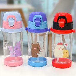 COZY VIBES 450ml Summer New Kids Cartoon Cute Plastic Water Bottle With Strap Straw Portable Plastic Water Bottles-PACK OF 1-COLOR MAY VARY-picture-1