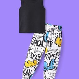 Ollington St. Cotton Rib Sleeveless Top & Knit Text Printed Joggers - Black & White-image-28