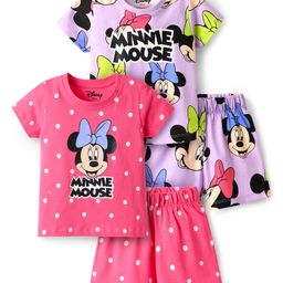 Babyhug Disney Single Jersey Knit Half Sleeves Co-Ord Shorts Night Suit with Minnie Mouse Print Pack of 2 - Pink & Lilac-image-21