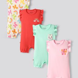 Bonfino 100% Cotton Knit Frill Sleeves Rainbow Printed Rompers With Patch Detailing Pack of 4 - Red Ivory Pink & Aqua-image-97
