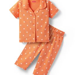 Babyhug Cotton Knit Half Sleeves Co-ords Front Open Night Suit with Polka Dots Print - Orange-image-61