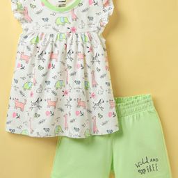 CUCUMBER Sinker Knit Frill Sleeves Frock With Animal Print & Shorts - Light Green & White-picture-7