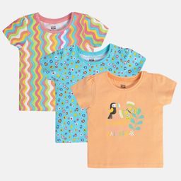 MINI KLUB Cotton Pack Of 3 Half Sleeves Floral & Birds Printed Knit Top - Blue Pink & Peach-picture-26
