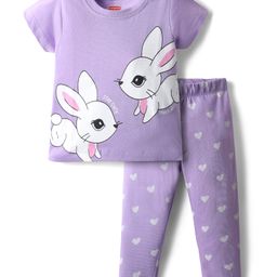 Babyhug Cotton Knit Half Sleeves Night Suit With Animal & Heart Print - Lavender-image-80