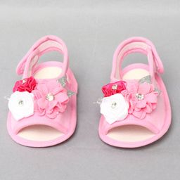 Daizy Floral Applique Detailed Stones Embellished Velcro Closure Sandals - Baby Pink-image-47
