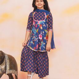 KID1 Cotton Woven Three Fourth Sleeves Floral Printed & Gota Lace Embellished Kurta With Coordinating Sharara Set - Navy Blue-image-64