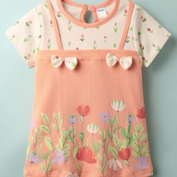 Tango Interlock Knit Half Sleeves Frock With Floral & Bow Applique - Peach-image-72