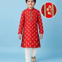 EARTHY TOUCH Woven Full Sleeves Kurta Pyjama Set with Floral Glitter Print - Red-picture-24