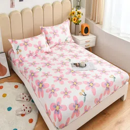 JC HOME White & Pink Floral 220 TC Single Bedsheet with 1 Pillow Covers-image-48