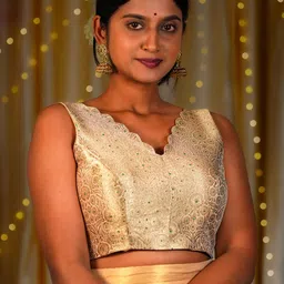I Love Sarees Women Cream Golden Scallop V-neck Banarasi Blouse-picture-57