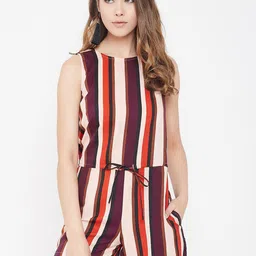 PURYS Women Maroon & Pink Striped Playsuit-image-86