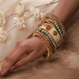 Aatmana Gold-Plated White Stone-Studded & Beaded Cream Chuda Bangles - Set of 18-41