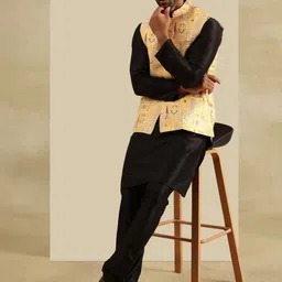 SOJANYA Band Collar Dupion Silk Straight Kurta With Pyjama & Nehru Jacket image 4