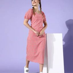 DODO & MOA Red & White Cotton Checks Midi Dress-picture-14