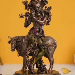 eCraftIndia Brown Brass Krishna Playing Flute with Cow Statue-image-79