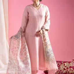 LeeliPeeri Designer Floral Embroidered Roman Silk Straight Kurta With Trousers & Dupatta-image-12