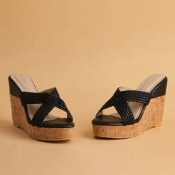 Eridani Women's Malia Black Cross Strap Wedges-image-93