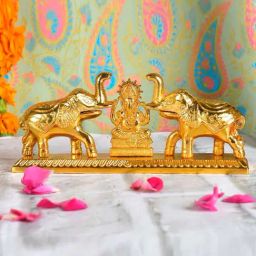 eCraftIndia Golden Metal Lord Ganesha with Dual Elephants Showpiece-image-75