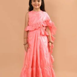 LilPicks Kids Pink Embellished Blouse, Lehenga Saree with Dupatta-image-24