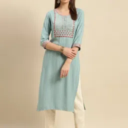 Rangita Teal Embroidered Straight Kurta-image-12