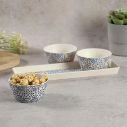 India Circus by Krsnaa Mehta Blue Bamboo Fibre Mughal Jhali Bowl & Tray Set-44