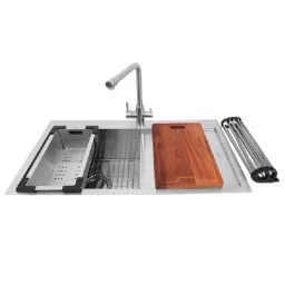 Jayna Combo Series Kitchen Sink Satin with Drain Board, Faucet & Accessories 36x20 Inch, COMBO -03A-image-29