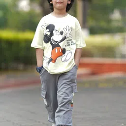 Nap Chief Infants Unisex Mickey Mouse Printed Pure Cotton T-Shirt With Cargo Joggers-image-4