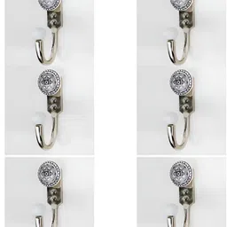 IndianShelf Silver-Toned & White 6 Pieces Wheel Printed Ceramic & Zinc Wall Hooks-image-80