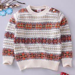 Babyhug Cotton Knit Full Sleeves Fair Isle Pullover Sweater Ethnic Prints - Beige-image-91