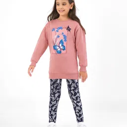 Primo Gino 100% Cotton Full Sleeves Winter Wear Set With Butterfly Print - Pink-picture-2