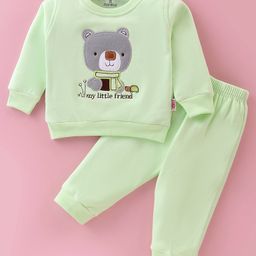 Child World Fleece Cotton Full Sleeves Winter Wear T-Shirt & Lounge Pant Set with Teddy Applique - Green-image-21