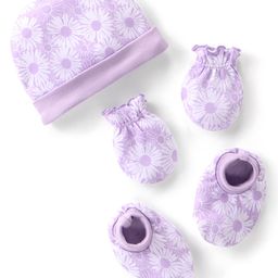 Babyhug 100% Cotton Knit Cap Mittens & Booties Set with Floral Print - Purple-image-29