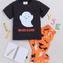Knitting Doodles Premium Cotton Half Sleeves Halloween Boo Printed Tee & Pajama Night Suit - Black & Orange-image-79