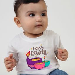 KNITROOT Diwali Theme Half Sleeves Happy Diwali Diya Text Printed Tee - White-picture-0