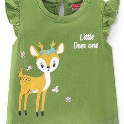 Babyhug 100% Cotton Knit Frill Detailing T-Shirt With Deer Graphics - Olive Green-image-57