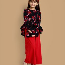 Little Marine Full Bell Sleeves Floral Printed High Low Top With Solid Palazzo - Black-image-2