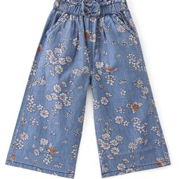 Babyhug 100% Cotton Denim Full Length Palazzo With Floral Print- Blue-image-99