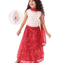 EARTHY TOUCH Viscose Chanderi Floral Gold Foil Printed Sleeveless Choli & Lehenga Set with Dupatta - Red-image-57