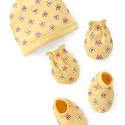 Babyhug 100% Cotton Cap Mittens & Booties with Flower Print - Yellow-image-39