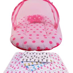 Babytoons New Born Baby Combo of 1 Mosquito Net Bed and 4 Plastic Changing Diapers Waterproof Mat/Massage Mat/Protection Mat (0-12 Months) Pink-10