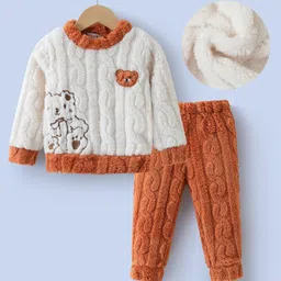 Kookie Kids Full Sleeves Winter Wear Night Suit With Teddy Applique - Brown & White-picture-42