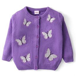Babyhug Knitted Full Sleeves Front Open Sweater With Butterfly Patch Detailing - Lavender-picture-17