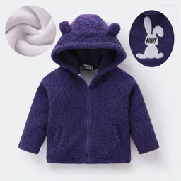 Kookie Kids Full Sleeves Hooded Fur Jacket with Bunny Patch & 3D Applique - Purple-picture-19
