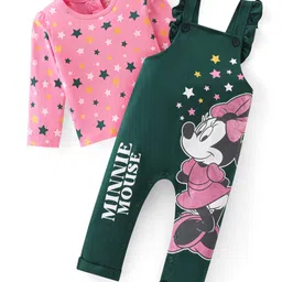 Babyhug Disney  Knit Dungaree with Full Sleeves T-Shirt Star & Minnie Mouse glitter Print - Pink & Green-picture-46