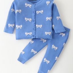 ToffyHouse Cotton Knitted Full Sleeves Front Open Winter Wear Co-Ord Set With Bows Print - Blue-image-1