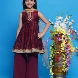 Little Bansi Chanderi Cotton Sleeveless Lace & Sequin Embellished Kurta Palazzo With Dupatta Set - Maroon-image-41
