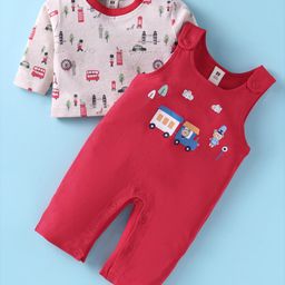 ToffyHouse Interlock Knit Full Sleeves Vehicle Printed T-Shirt with Dungaree Style Romper - Red-10