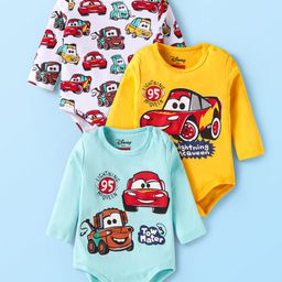 Babyhug Disney Interlock Knit Full Sleeves Onesies with Car Graphics Pack of 3- Yellow White & Blue-image-28